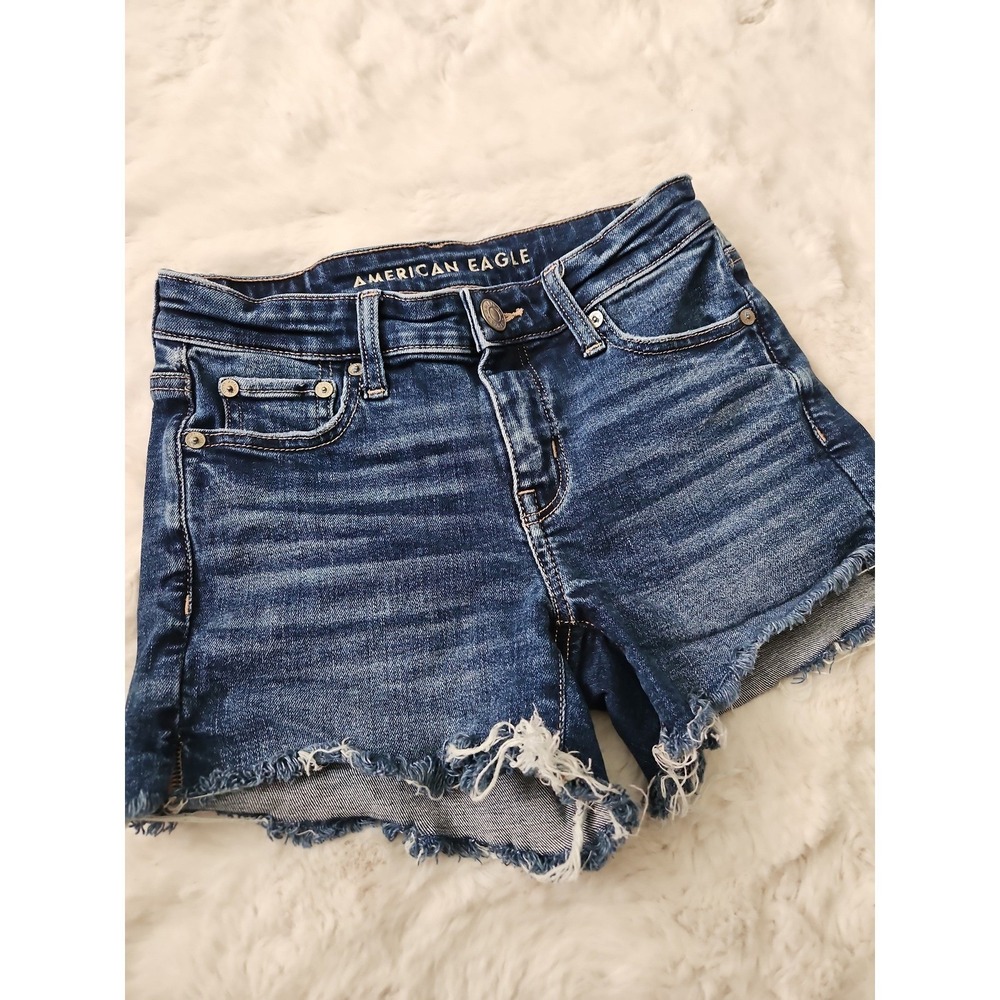 AE High Waisted Jean Shorts Frayed Raw Hem Distressed Dark Wash Women's 0